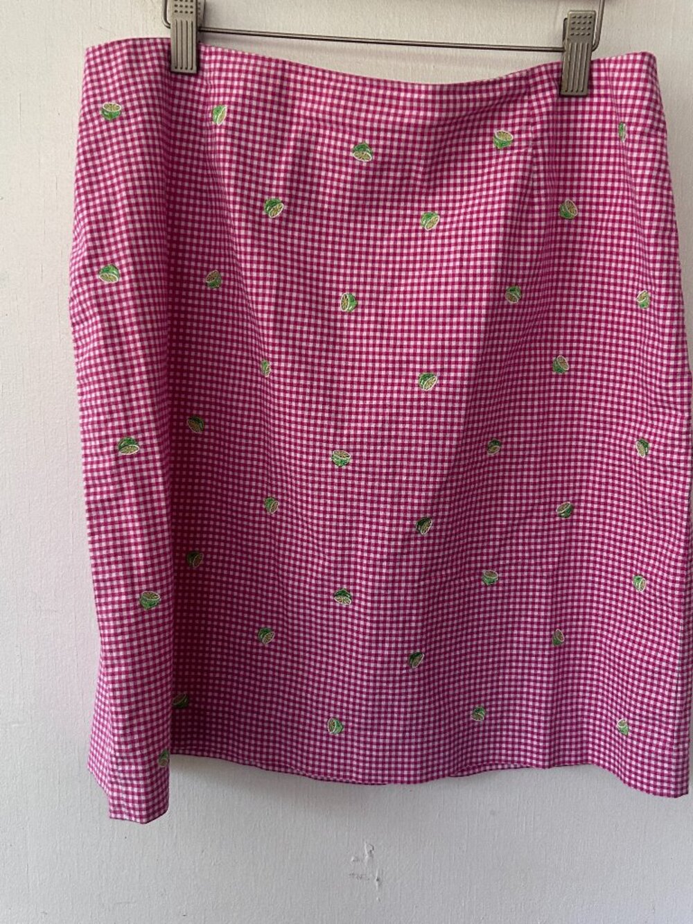Talbots Gingham Lime Print Straight Skirt Womens 12 Petite VTG Picnic Garden